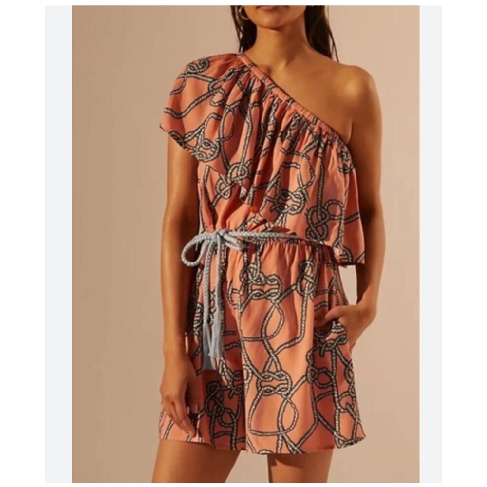 Corey Lynn Calter Romper Womens Medium Orange Rope Print One Shoulder Belted